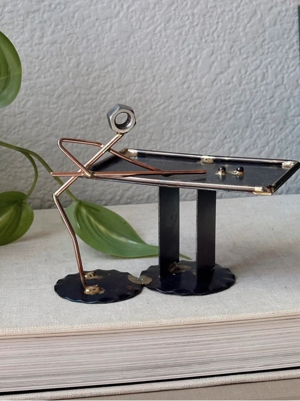 Handmade Metal Pool Player Sculpture - Copper & Black Tabletop Art
